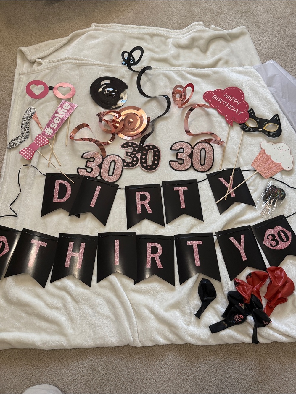 30th Birthday 'Dirt Thirty' Party Banner and Photo Props - Pink & Black